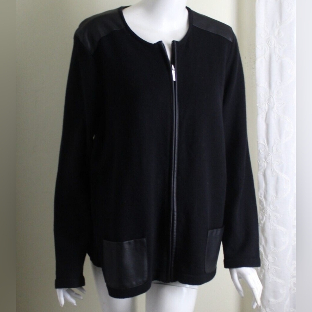 Chaps Sz 2X Black Stretch Faux-Leather Trim Zip Cardigan Sweater